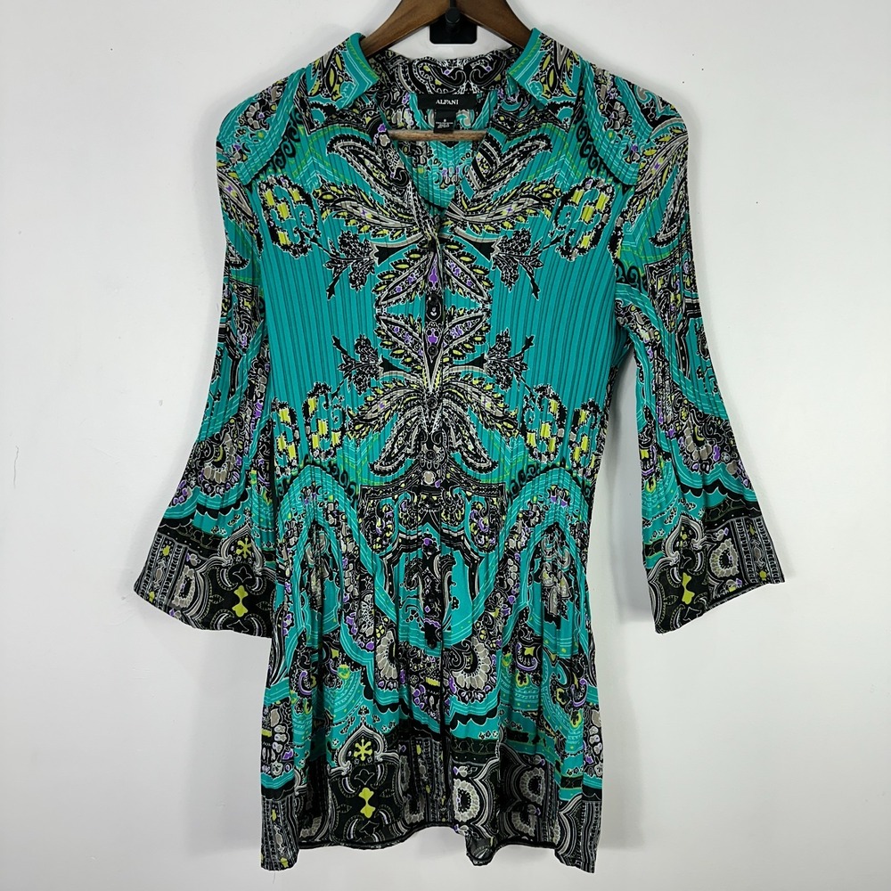 Alfani Blouse 8 Teal Black Boho Paisley Pleated Bell Sleeve Career Tunic Top Y2K